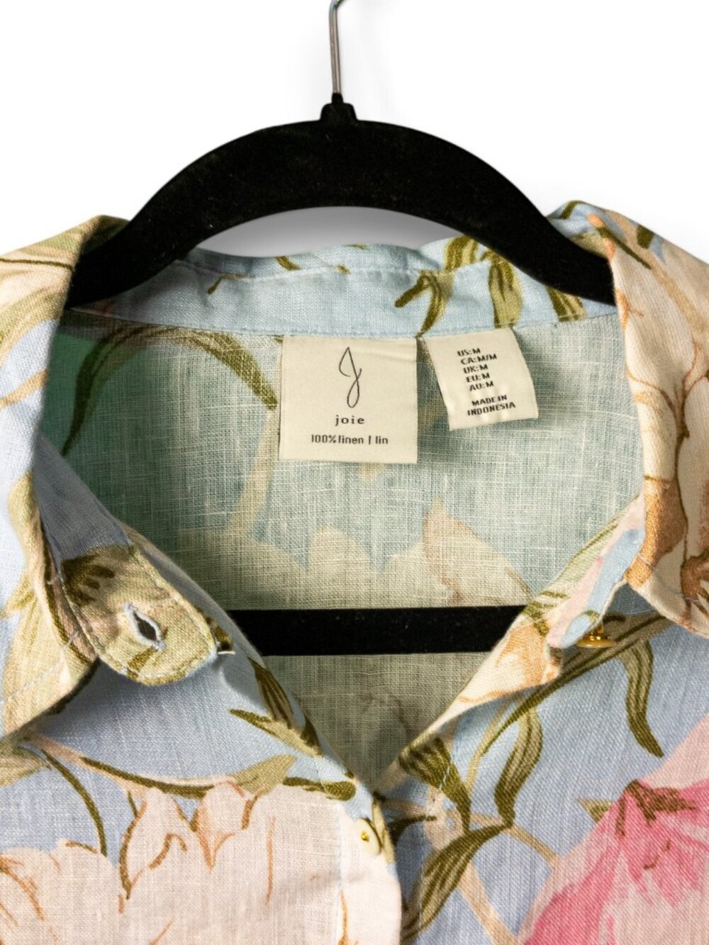 Joie 100% Linen Floral Button Down Shirt Blue Pink Like New Sz M - Picture 3 of 6